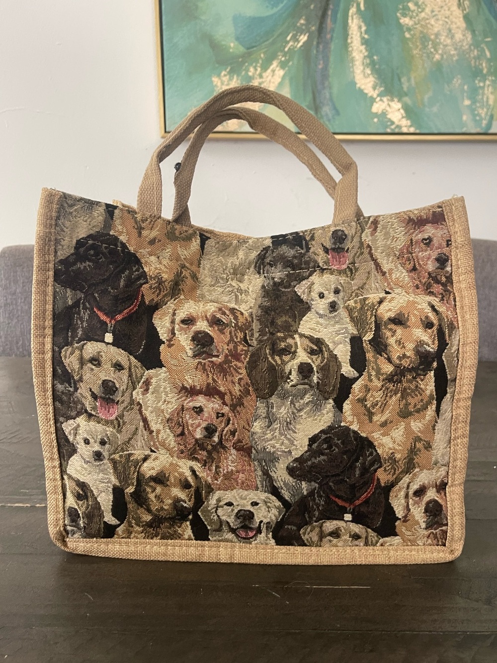 Dog Tapestry Tote Shoulder Bag in Beige and Brown